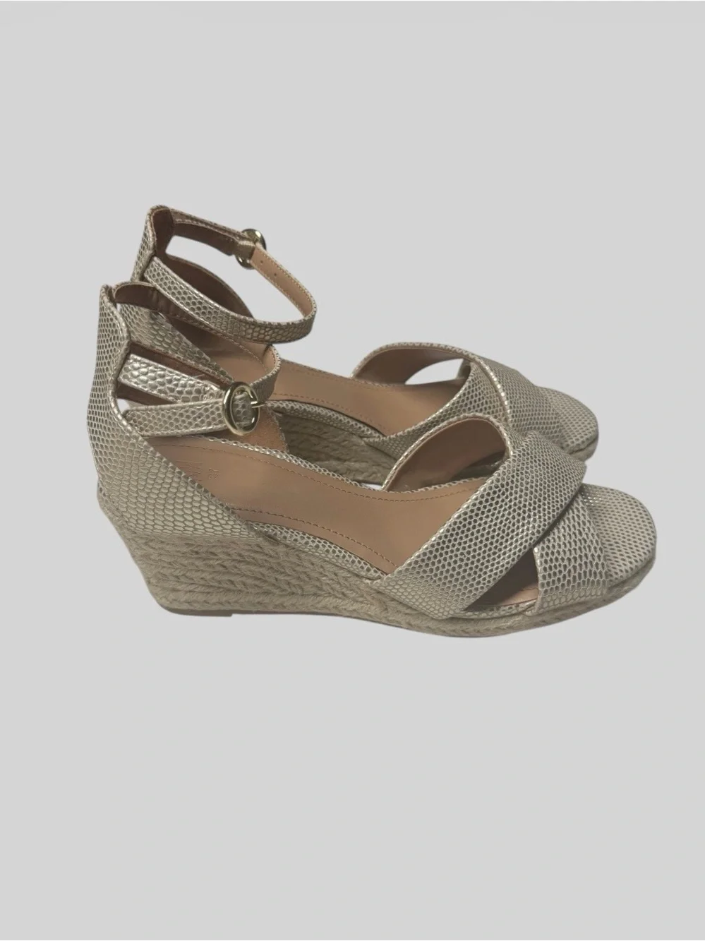 H&M Metallic Gold Wedge Espadrille Sandals with Ankle Strap